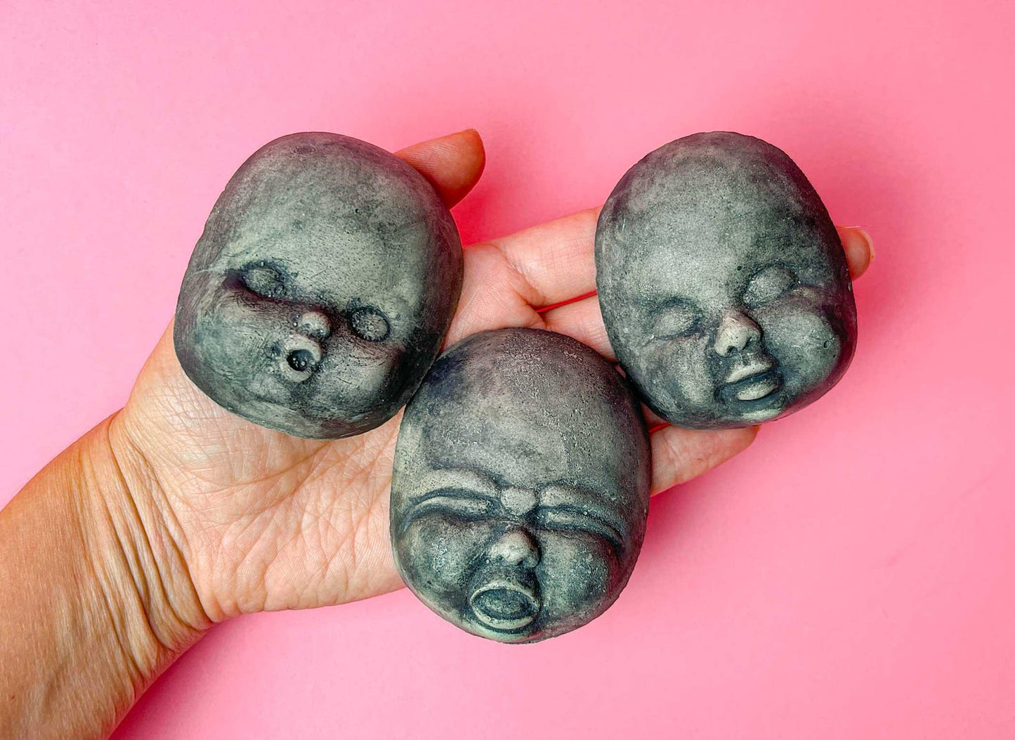 Set of 3 Cement Creepy Baby Doll Head Faces
