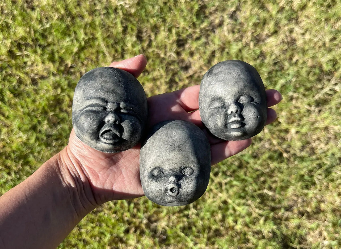 Set of 3 Cement Creepy Baby Doll Head Faces