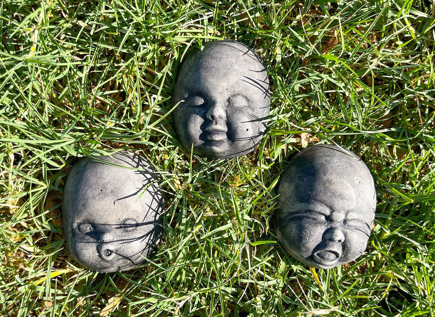 Set of 3 Cement Creepy Baby Doll Head Faces
