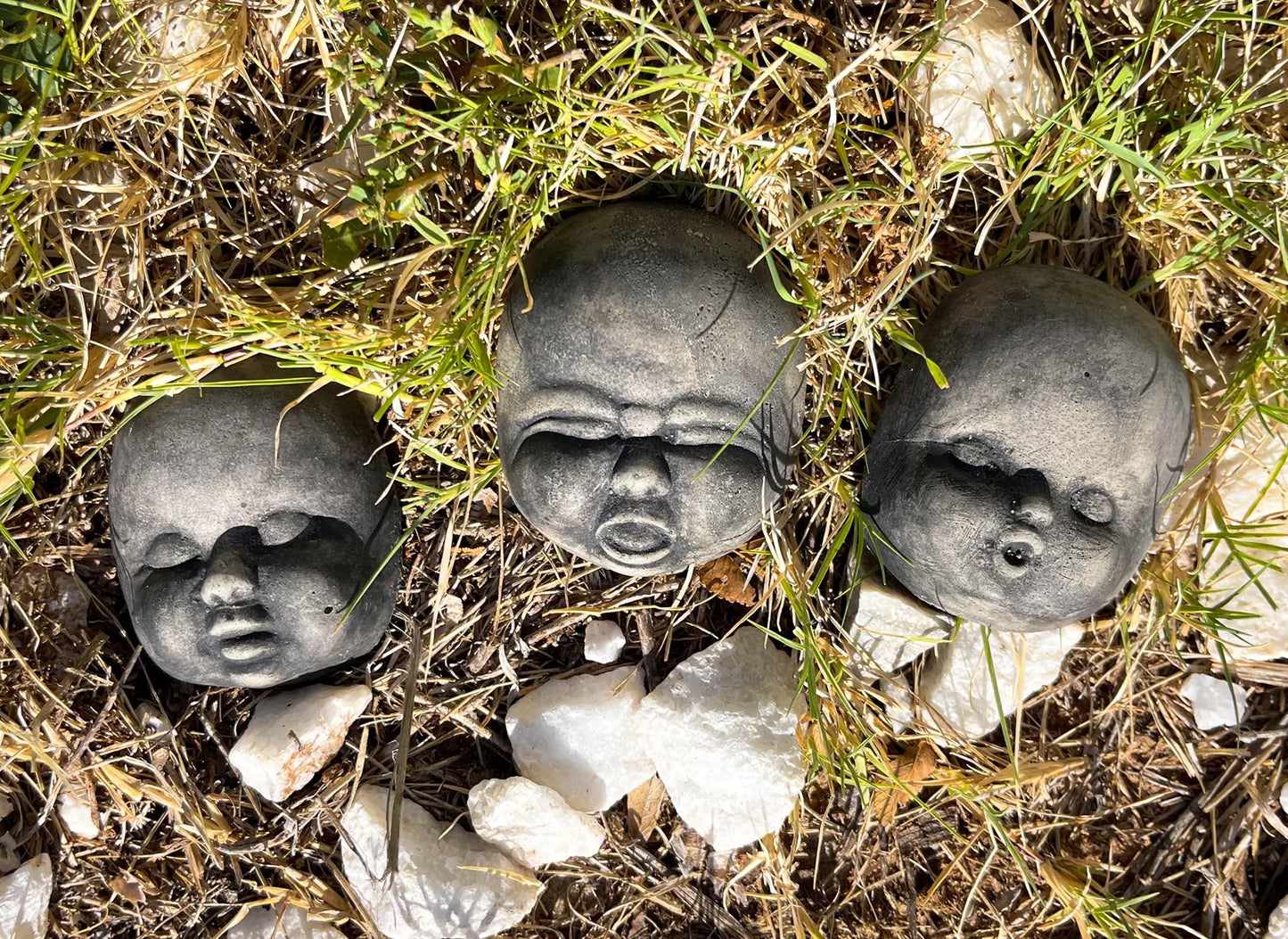 Set of 3 Cement Creepy Baby Doll Head Faces