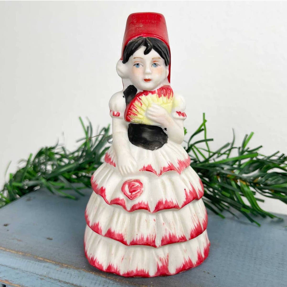 Vintage Spanish Girl Holding Fan Figurine Ceramic Bell