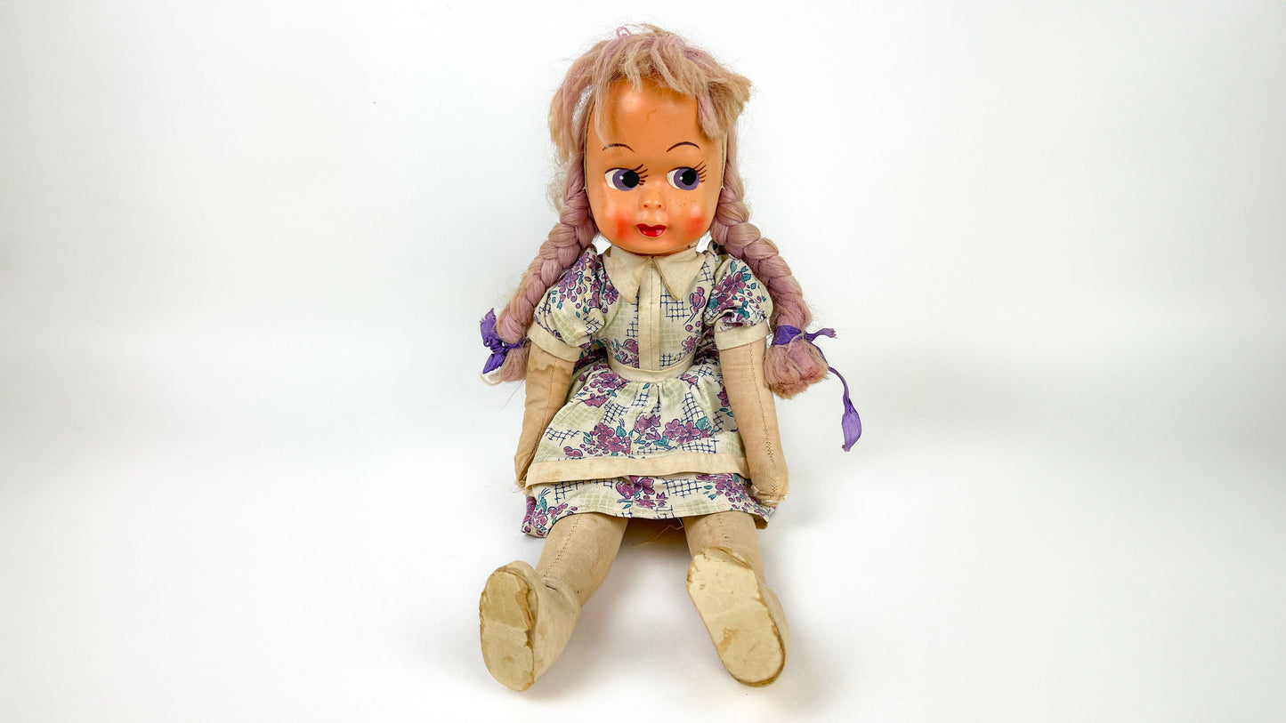 Vintage Polish Cloth Doll, Jointed legs, Plastic Mask Face 17" tall , Repair Doll Project Collectable Ethnic Doll