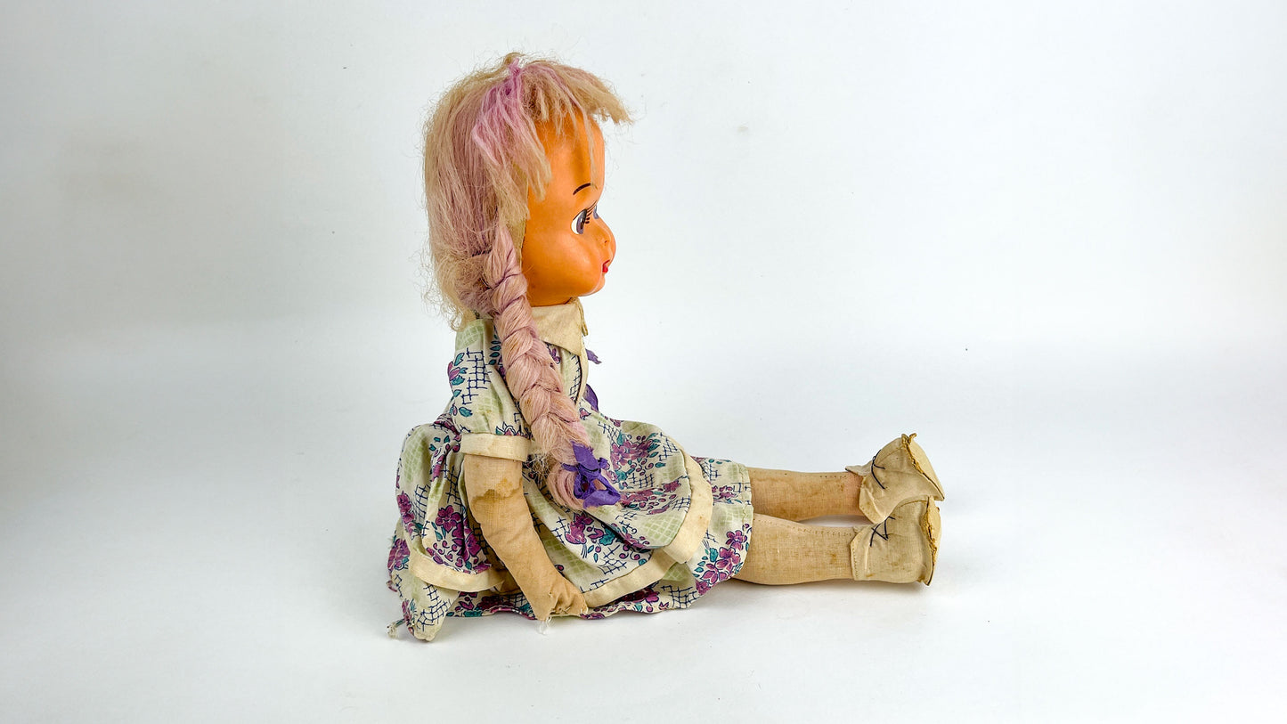 Vintage Polish Cloth Doll, Jointed legs, Plastic Mask Face 17" tall , Repair Doll Project Collectable Ethnic Doll