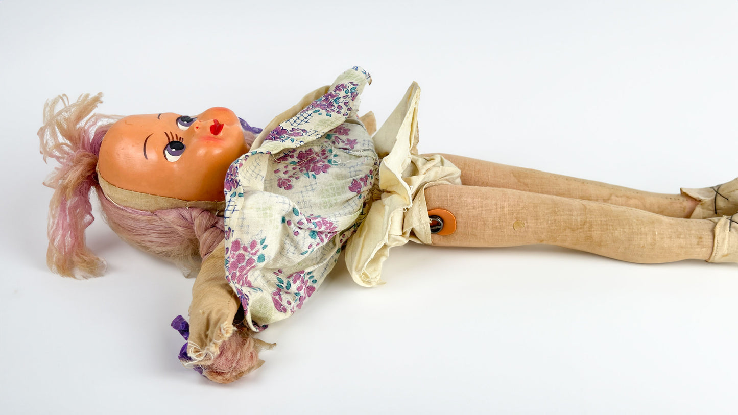 Vintage Polish Cloth Doll, Jointed legs, Plastic Mask Face 17" tall , Repair Doll Project Collectable Ethnic Doll
