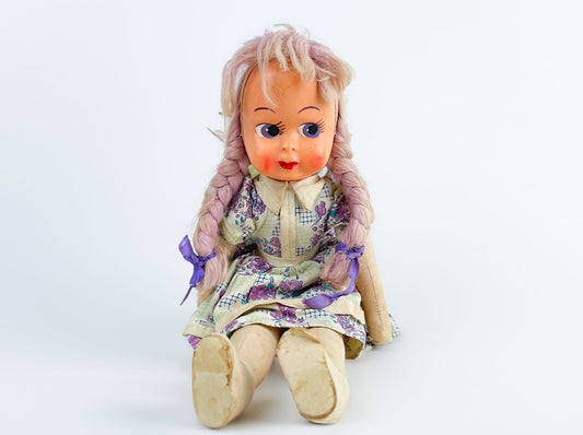 Vintage Polish Cloth Doll, Jointed legs, Plastic Mask Face 17" tall , Repair Doll Project Collectable Ethnic Doll