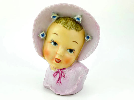 Vintage Baby Girl Ceramic Head Vase, Pink/lavender, Flower buds on Pink Bonnet, Whimsical Planter Mid Century Kitschy Nursery Decor UCAGCO