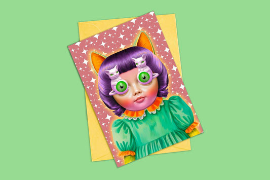 Anthropomorphic Cat Doll Greeting Card