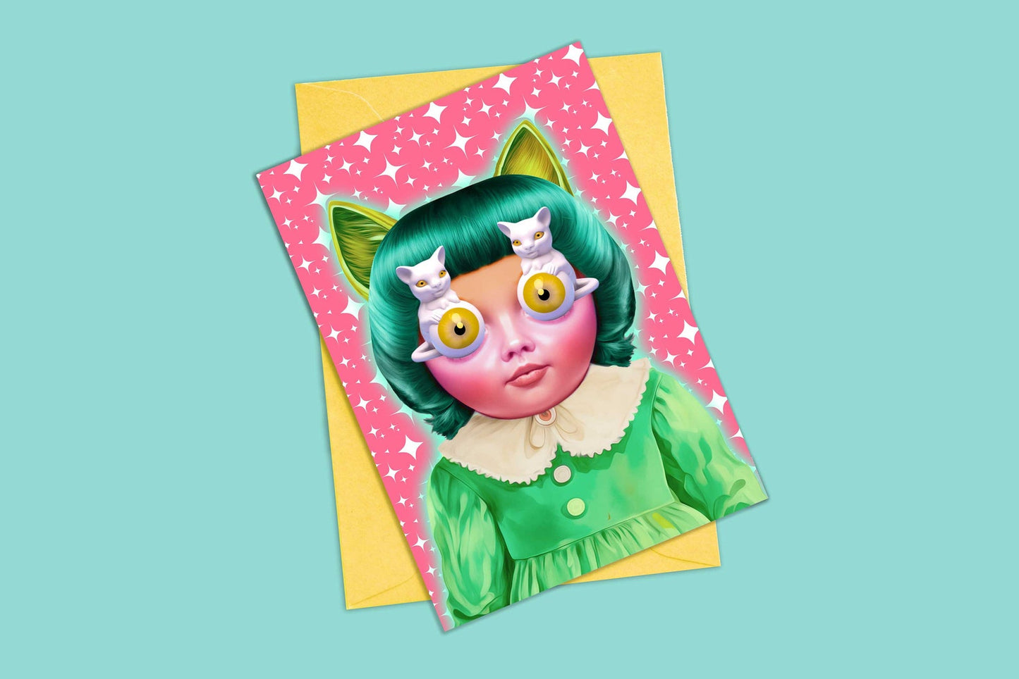 Anthropomorphic Cat Doll Greeting Card