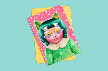 Anthropomorphic Cat Doll Greeting Card