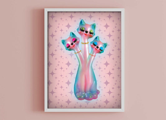 Kitschy Anthropomorphic 3 Headed Cat Fine Art print