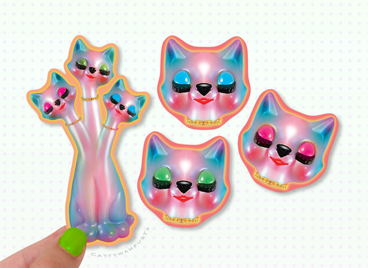 Anthropomorphic 3 Headed Cat Sticker Set of 4