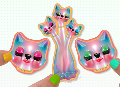 Anthropomorphic 3 Headed Cat Sticker Set of 4