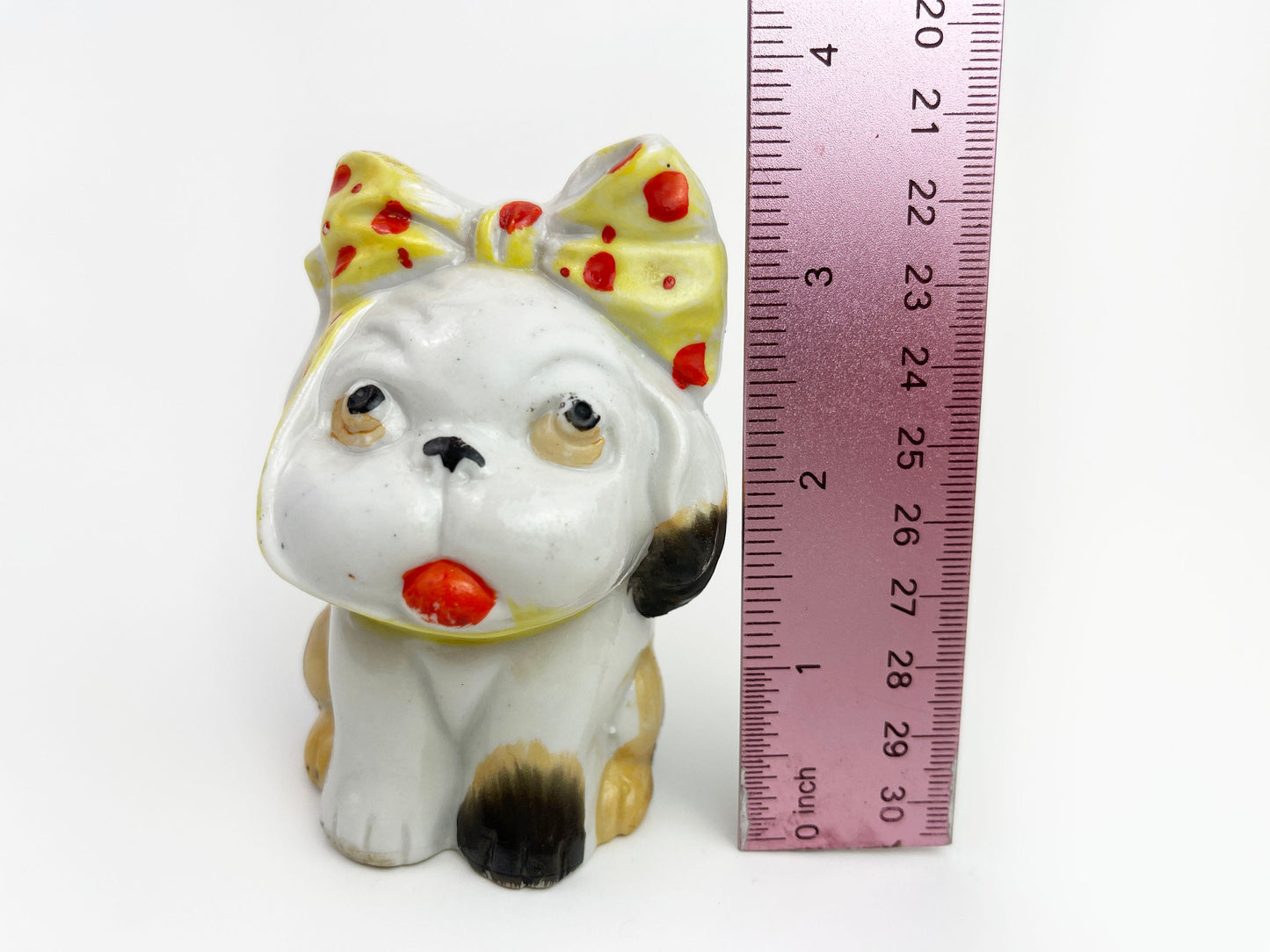 Vintage Ceramic Bulldog Figurine | Anthropomorphic Dog | Puppy Polka Dot with Bow- Made in Japan 3" Tall | Knick Knacks and Figurines