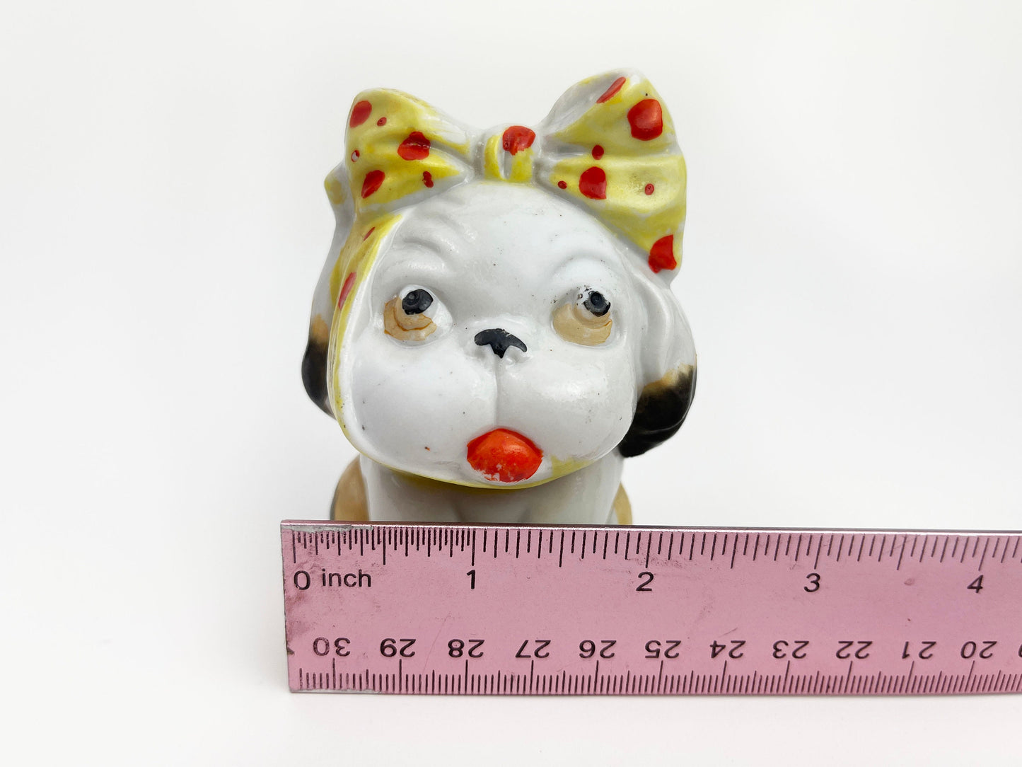 Vintage Ceramic Bulldog Figurine | Anthropomorphic Dog | Puppy Polka Dot with Bow- Made in Japan 3" Tall | Knick Knacks and Figurines