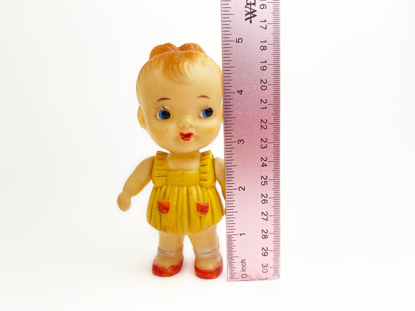 Vintage Rubber Toy - Baby Doll | Yellow Sun Dress, Posable arms and head | Mid Century - Made in Japan