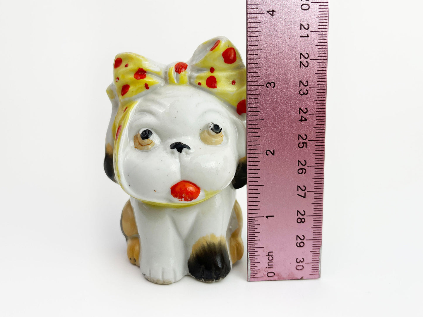Vintage Ceramic Bulldog Figurine | Anthropomorphic Dog | Puppy Polka Dot with Bow- Made in Japan 3" Tall | Knick Knacks and Figurines