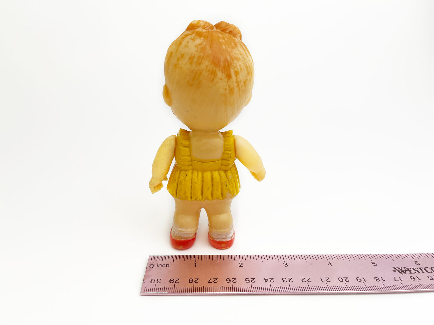 Vintage Rubber Toy - Baby Doll | Yellow Sun Dress, Posable arms and head | Mid Century - Made in Japan
