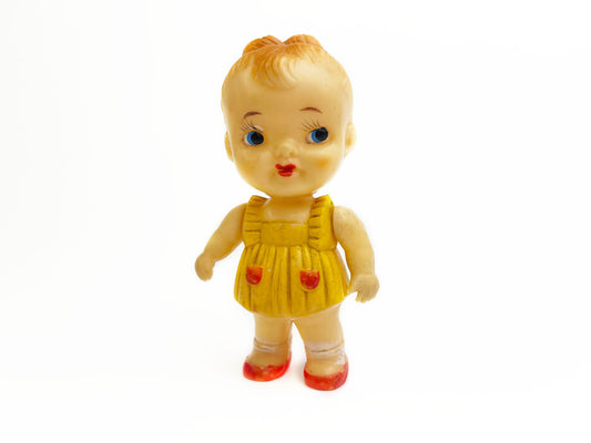 Vintage Rubber Toy - Baby Doll | Yellow Sun Dress, Posable arms and head | Mid Century - Made in Japan