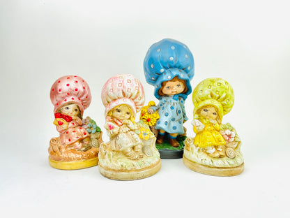Vintage 1970's Flower Girl in Bonnet Ceramic Figurine, Cute Vintage Kitschy Statue, Holly Hobbie Strawberry Shortcake Collectables Blue, Pink