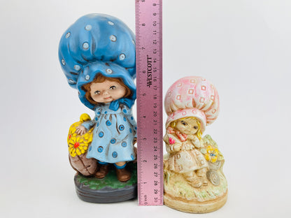 Vintage 1970's Flower Girl in Bonnet Ceramic Figurine, Cute Vintage Kitschy Statue, Holly Hobbie Strawberry Shortcake Collectables Blue, Pink
