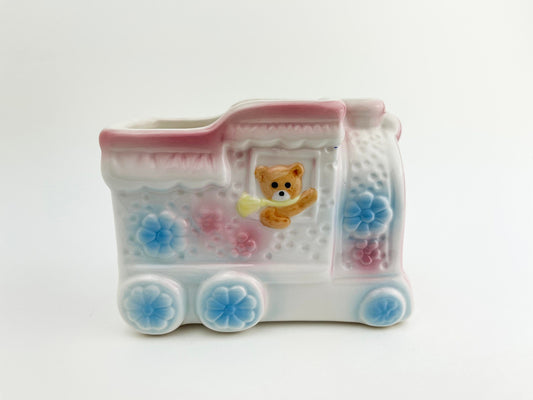 Vtg Baby Bear Riding Train Animal Planter | Kitschy Vintage Nursery Decor | Pink Blue White Ceramic 1960s Mid Centruy Cute Retro Decorations