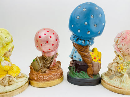 Vintage 1970's Flower Girl in Bonnet Ceramic Figurine, Cute Vintage Kitschy Statue, Holly Hobbie Strawberry Shortcake Collectables Blue, Pink
