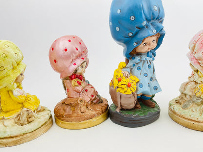 Vintage 1970's Flower Girl in Bonnet Ceramic Figurine, Cute Vintage Kitschy Statue, Holly Hobbie Strawberry Shortcake Collectables Blue, Pink