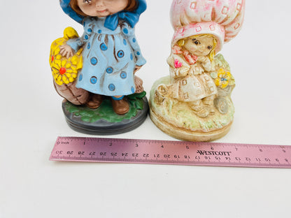 Vintage 1970's Flower Girl in Bonnet Ceramic Figurine, Cute Vintage Kitschy Statue, Holly Hobbie Strawberry Shortcake Collectables Blue, Pink