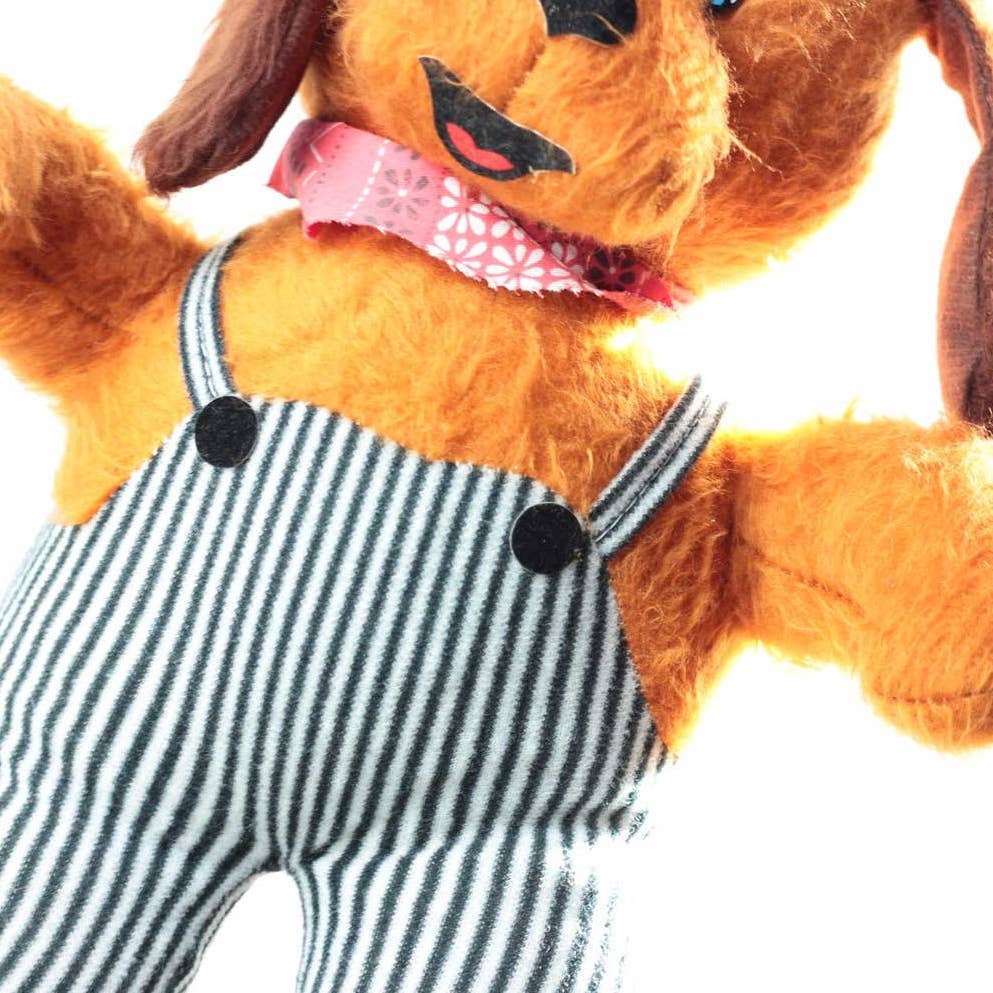 Vintage Peoria Plastic Co. Anthropomorphic Plush Bear Brown Teddy in Striped Overalls 15"