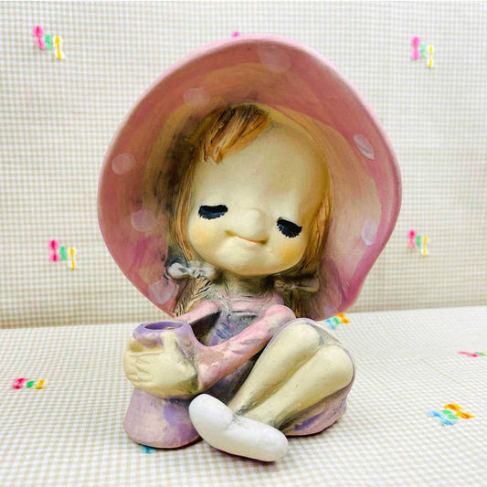 Vintage UCTCI Sitting Girl Big Hat w/Air Plant Pot 7" Ceramic Figurine Collectable kitschy Knick-Knacks 1960's mid century decor