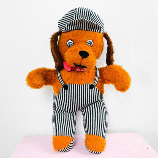 Vintage Peoria Plastic Co. Anthropomorphic Plush Bear Brown Teddy in Striped Overalls 15"