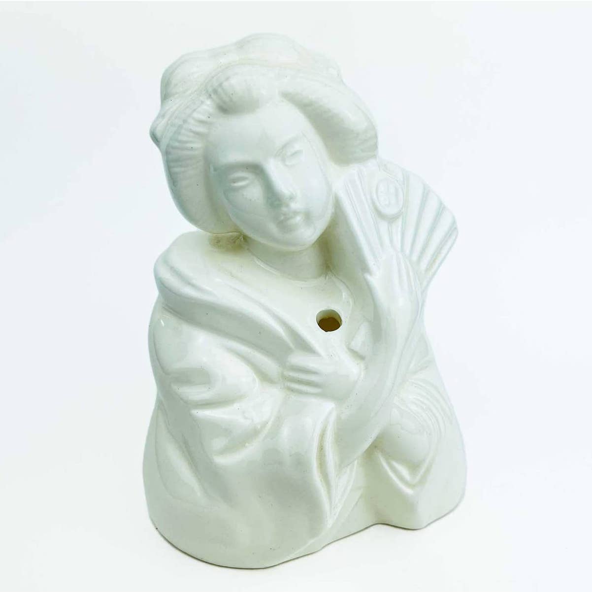 Vintage Ceramic White Geisha Girl Bust with Fan Planter Vase Figurine