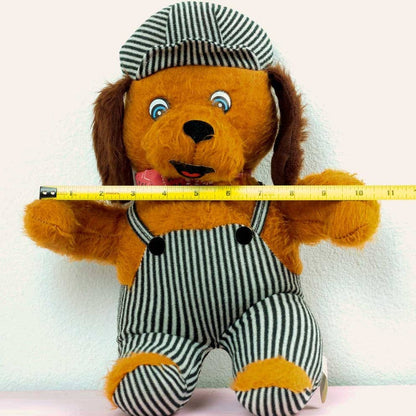 Vintage Peoria Plastic Co. Anthropomorphic Plush Bear Brown Teddy in Striped Overalls 15"